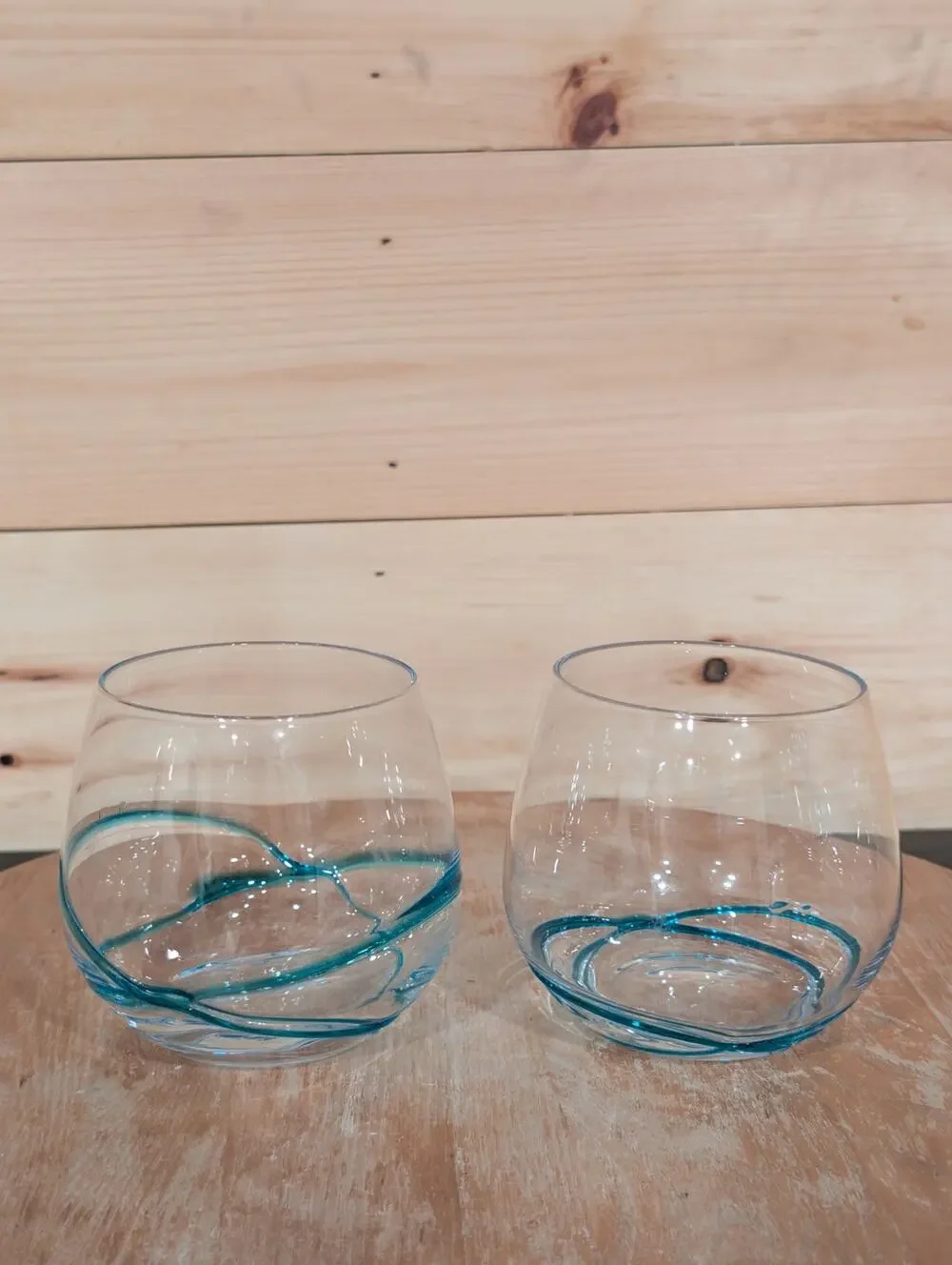 Pier 1 Imports Swirline Turquoise Stemless Wine Glasses - Set of 2 - Disc
